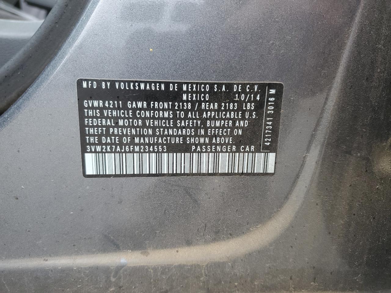 2015 Volkswagen Jetta VIN 3VW2K7AJ6FM234553 Copart auction photo, front end / side damage thumbnail 14