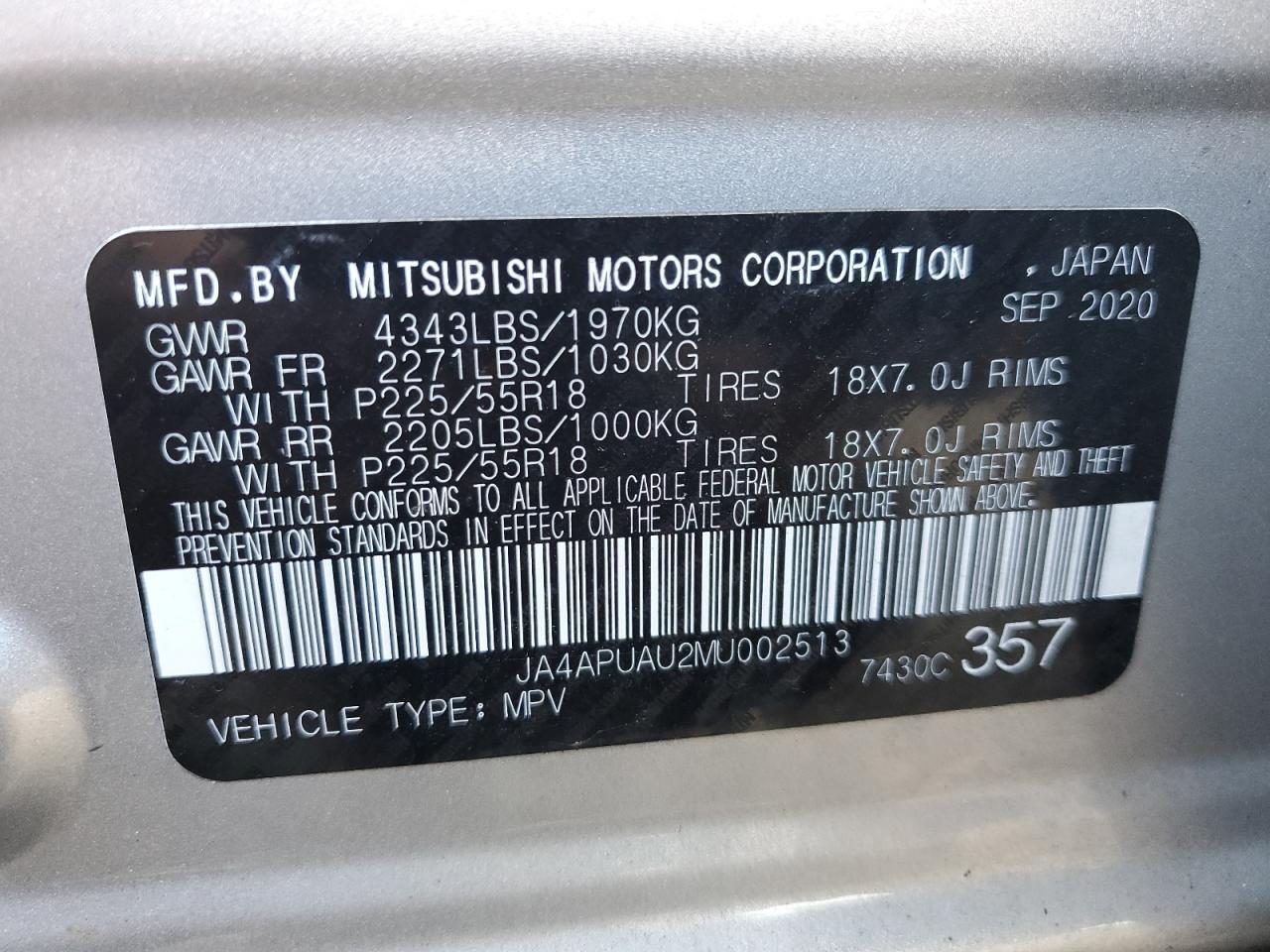 2021 Mitsubishi Outlander VIN JA4APUAU2MU002513 Copart auction photo, front end damage thumbnail 13