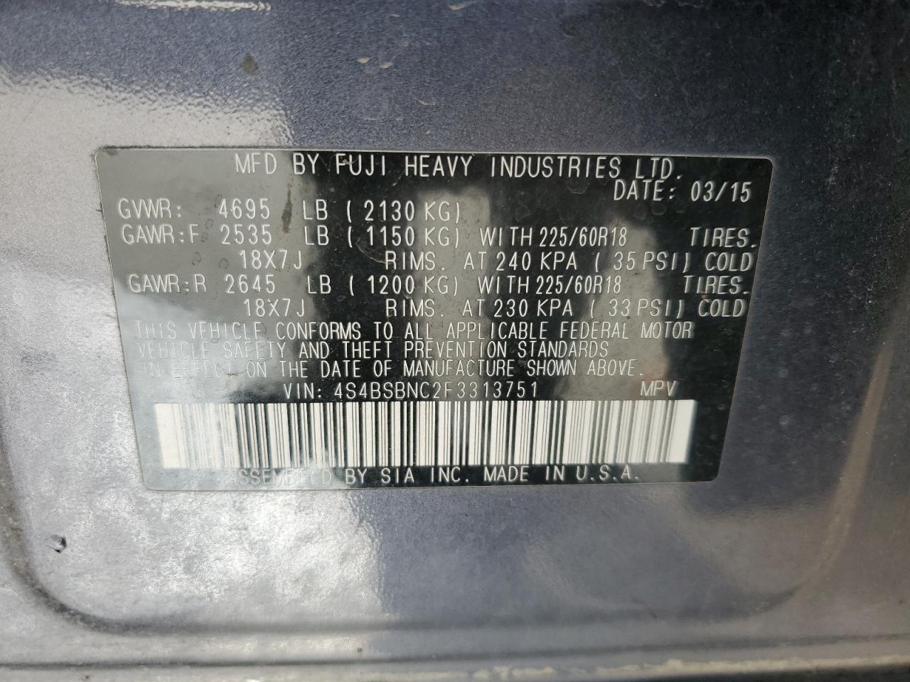 2015 Subaru Outback VIN 4S4BSBNC2F3313751 Copart auction photo, side / front end damage thumbnail 14