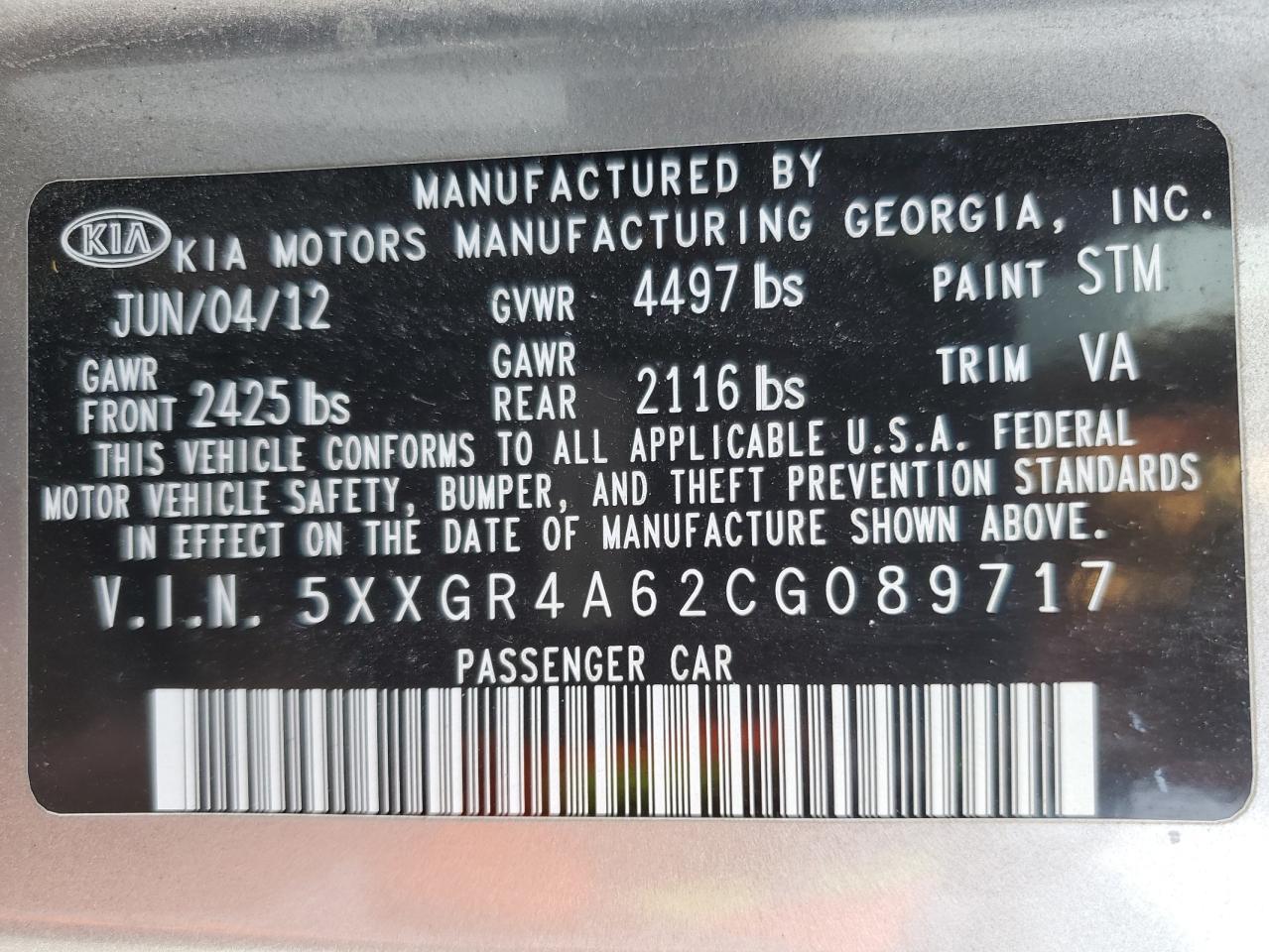 2012 KIA Optima VIN 5XXGR4A62CG089717 Copart auction photo, side / front end damage thumbnail 12