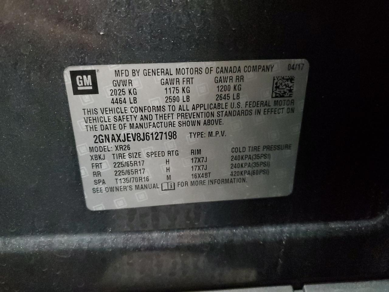 2018 Chevrolet Equinox VIN 2GNAXJEV8J6127198 Copart auction photo, front end damage thumbnail 13