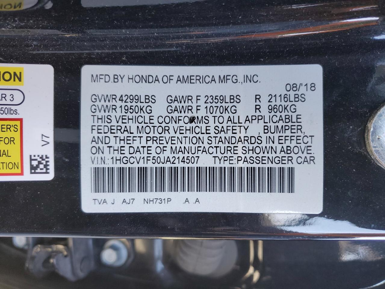 2018 Honda Accord VIN 1HGCV1F50JA214507 Copart auction photo, front end damage thumbnail 15