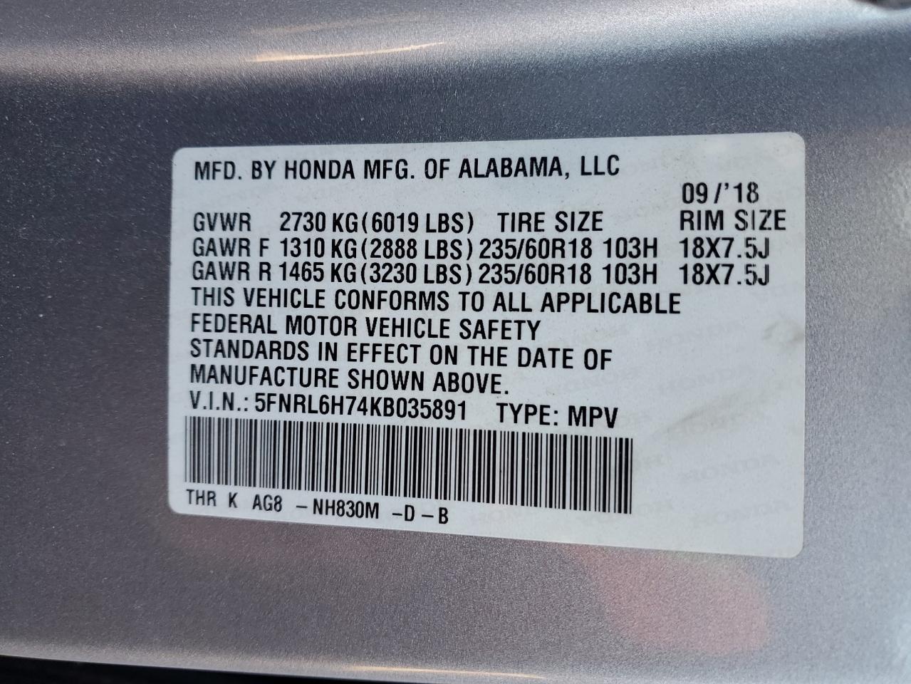 2019 Honda Odyssey VIN 5FNRL6H74KB035891 Copart auction photo, front end damage thumbnail 14