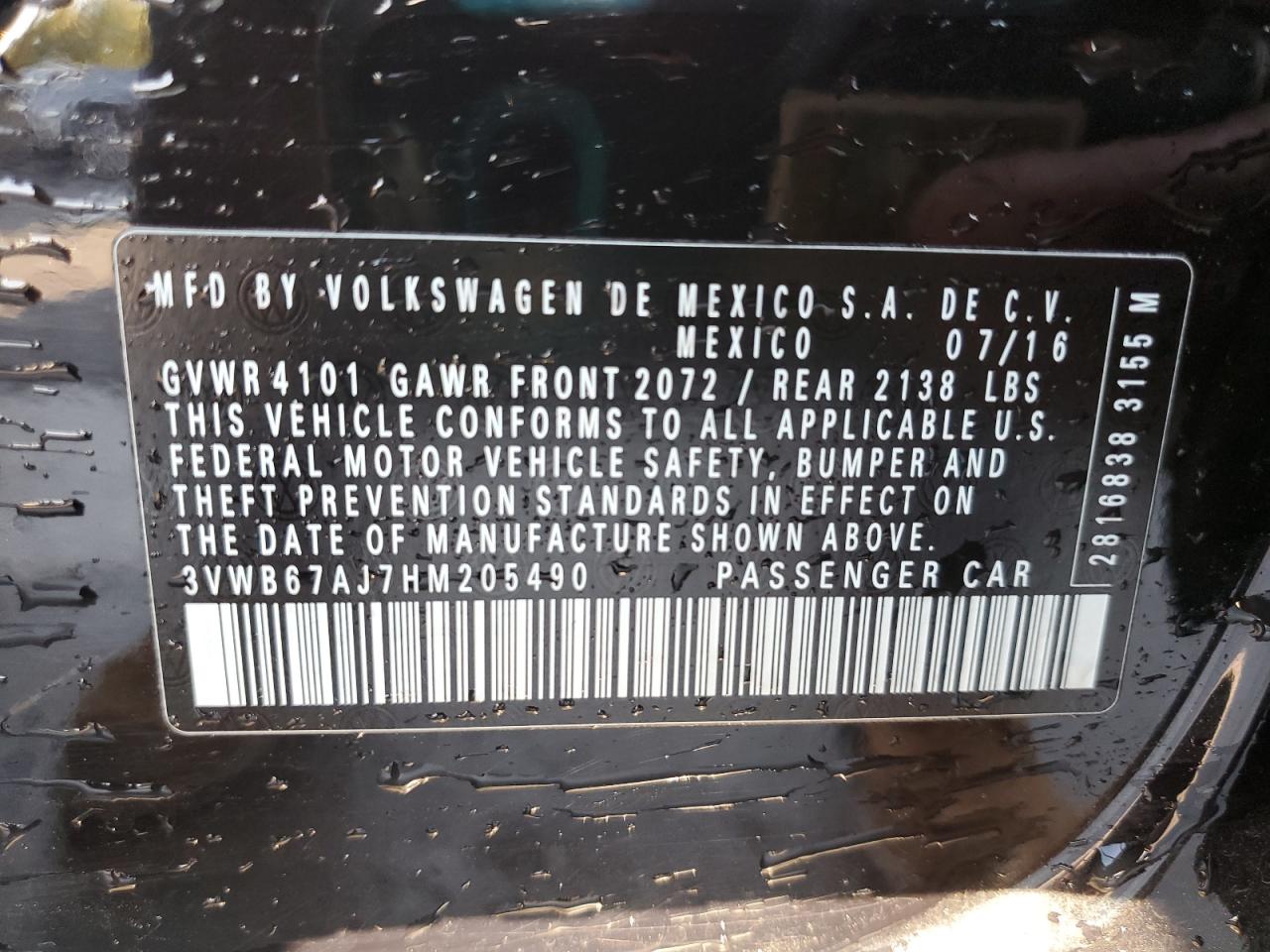 2017 Volkswagen Jetta VIN 3VWB67AJ7HM205490 Copart auction photo, front end / undercarriage damage thumbnail 12