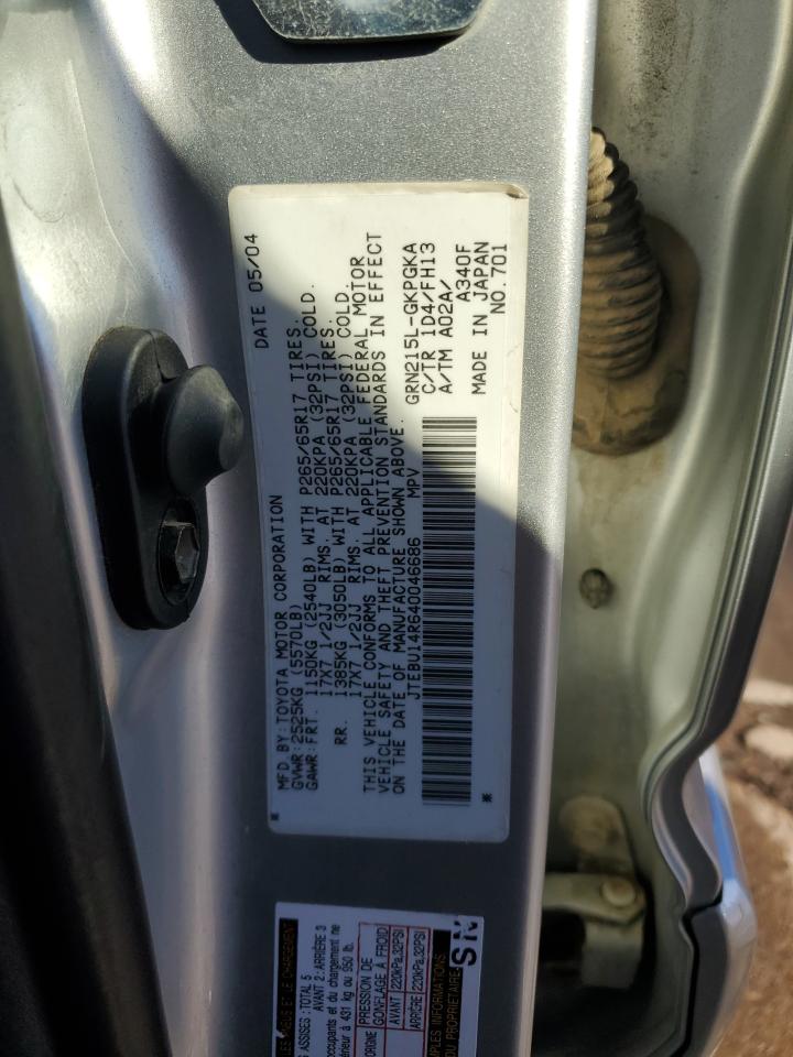 2004 Toyota 4Runner VIN JTEBU14R640046686 Copart auction photo, front end / rear end damage thumbnail 13