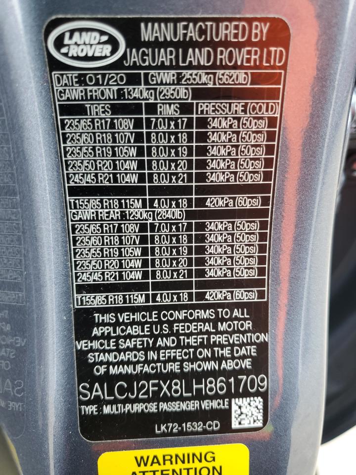 2020 Land Rover Discovery VIN SALCJ2FX8LH861709 Copart auction photo, rear end damage thumbnail 13