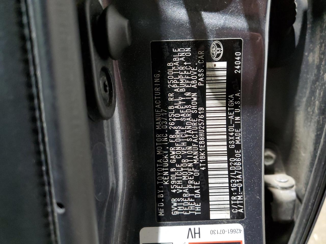 2017 Toyota Avalon VIN 4T1BK1EB8HU257619 Copart auction photo, rear end damage thumbnail 12