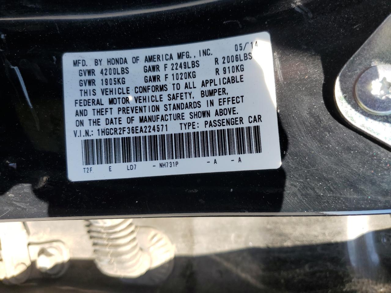 2014 Honda Accord VIN 1HGCR2F36EA224571 Copart auction photo, front end damage thumbnail 13
