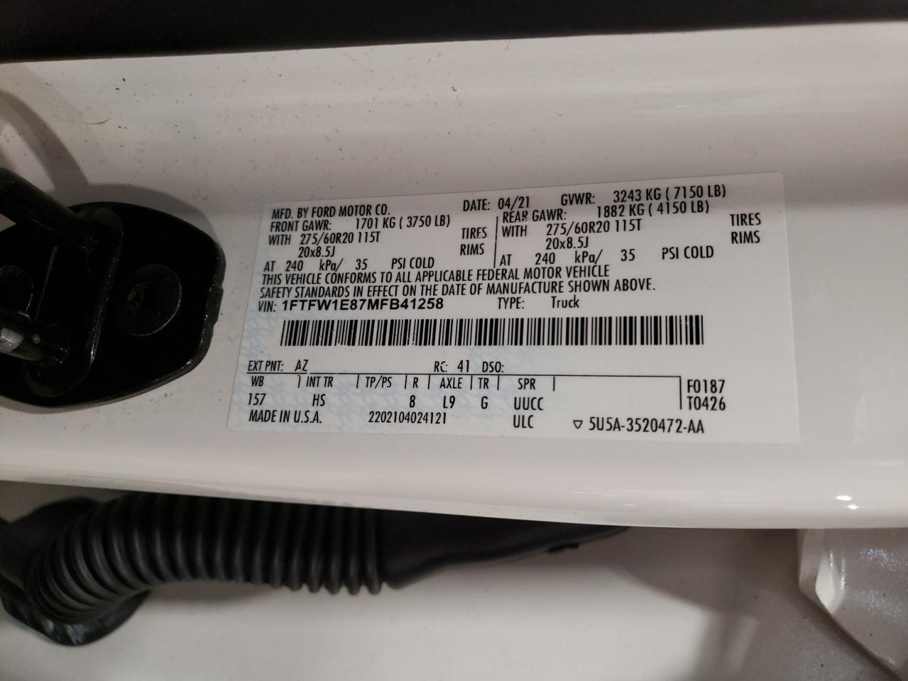 2021 Ford F-150 VIN 1FTFW1E87MFB41258 Copart auction photo, front end / hail damage thumbnail 14