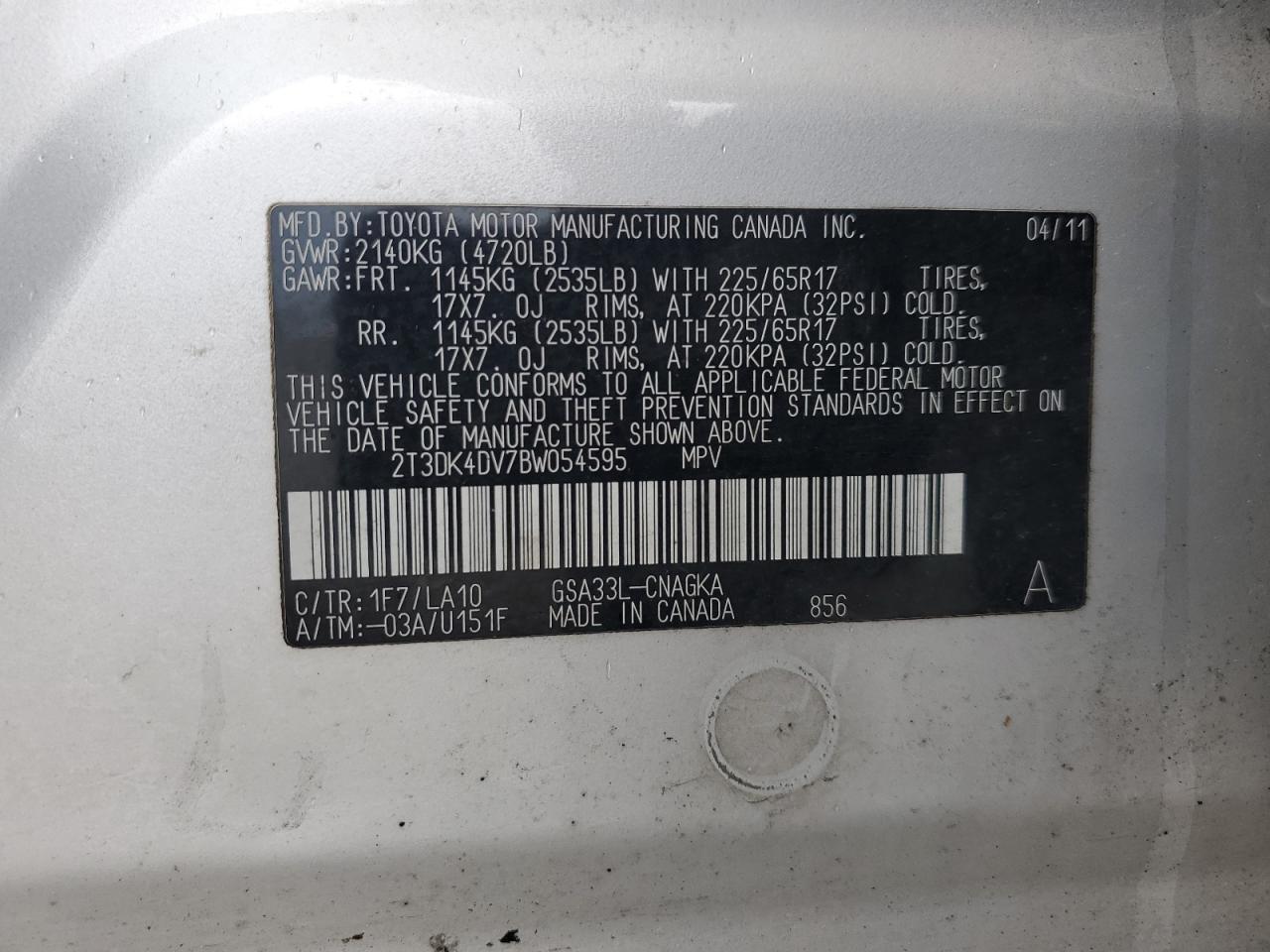 2011 Toyota RAV 4 VIN 2T3DK4DV7BW054595 Copart auction photo, side damage thumbnail 15