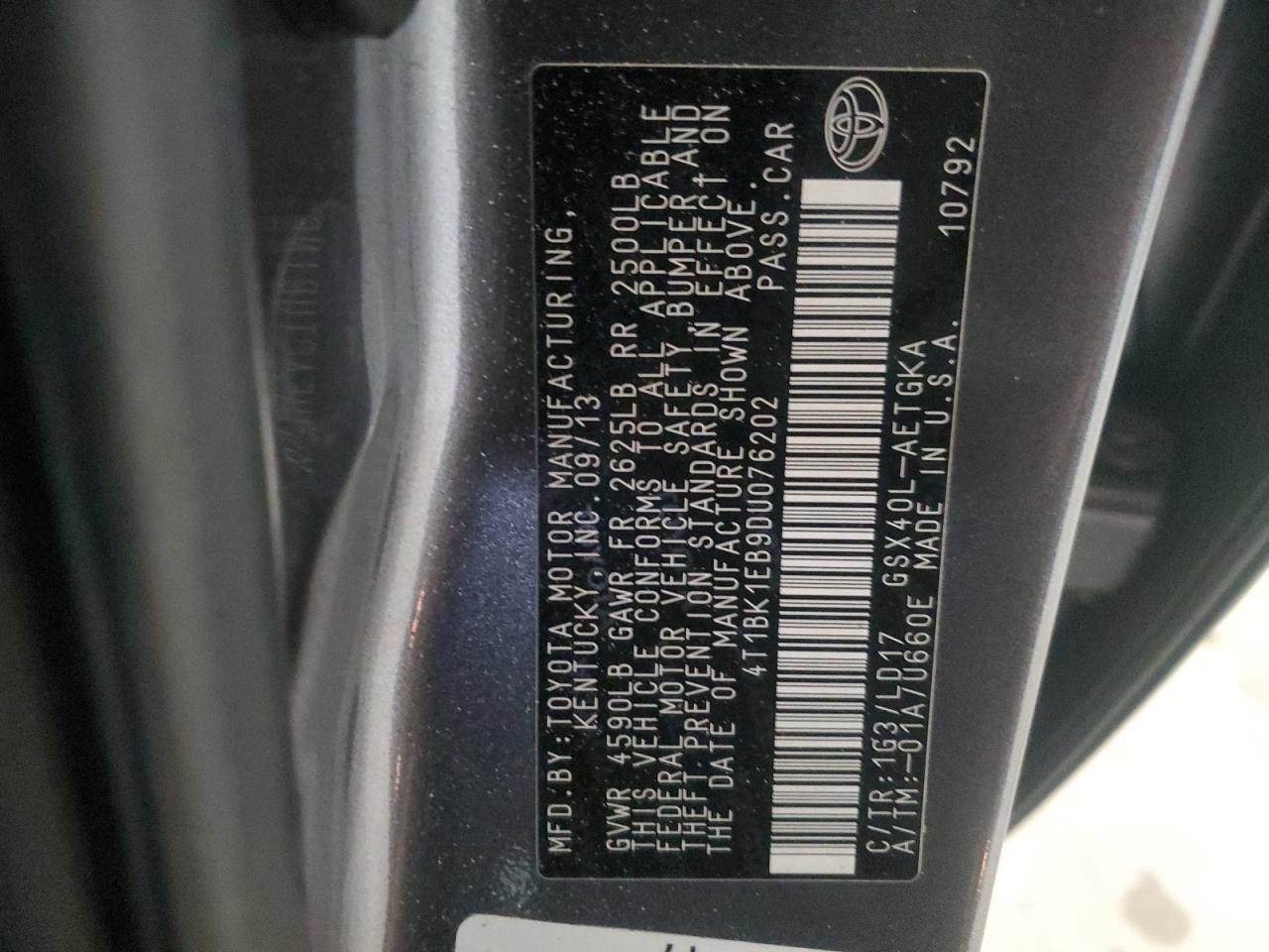 2013 Toyota Avalon VIN 4T1BK1EB9DU076202 Copart auction photo, front end / undercarriage damage thumbnail 12