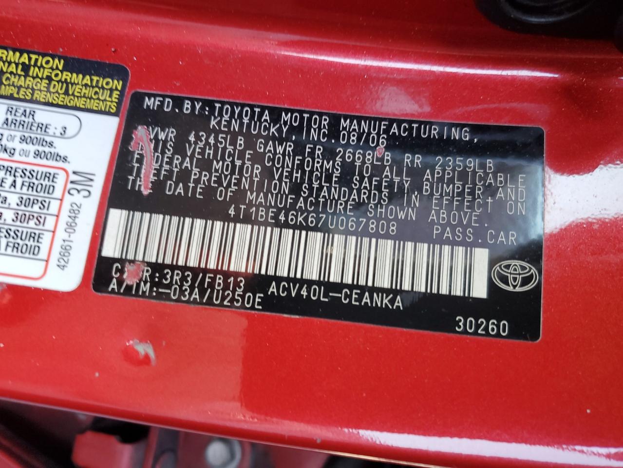 2007 Toyota Camry VIN 4T1BE46K67U067808 Copart auction photo, side / front end damage thumbnail 12