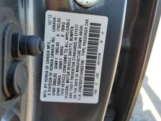2012 Honda Civic VIN 2HGFB2F51CH602796 Copart auction photo, rear end / front end damage thumbnail 12
