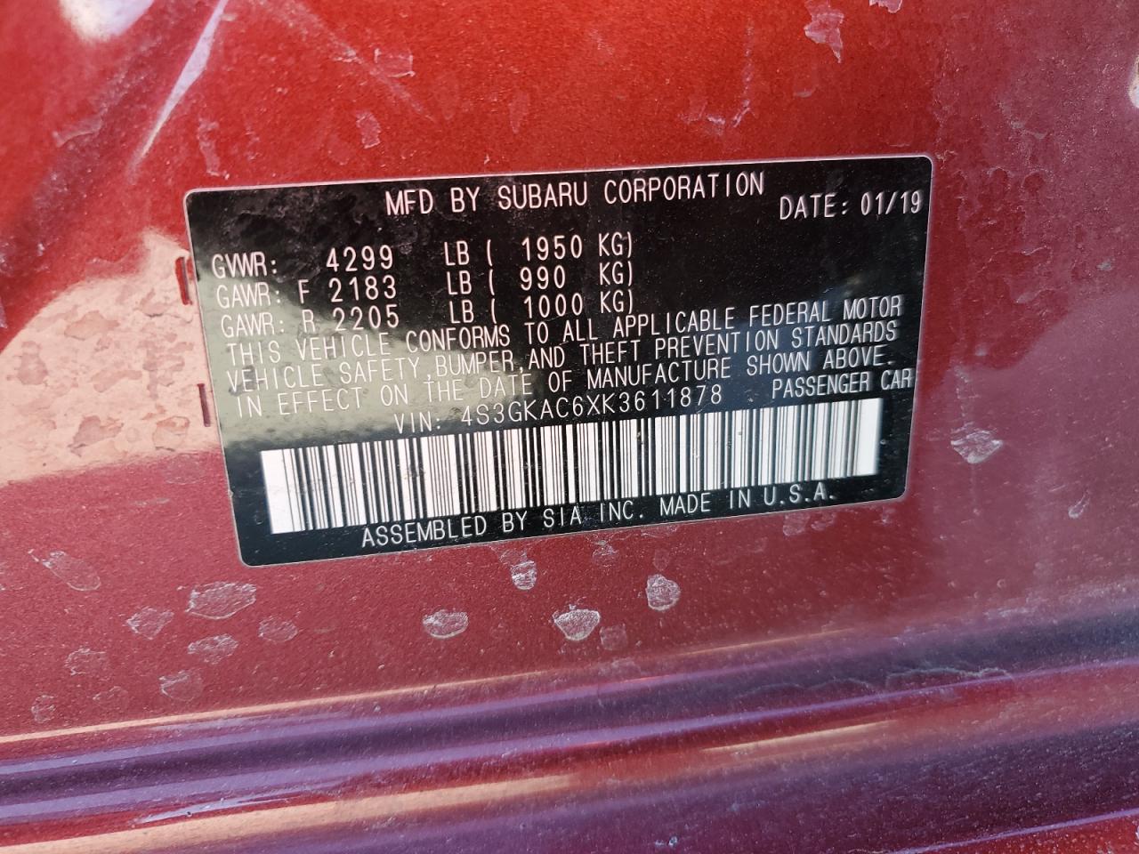 2019 Subaru Impreza VIN 4S3GKAC6XK3611878 Copart auction photo, side damage thumbnail 12
