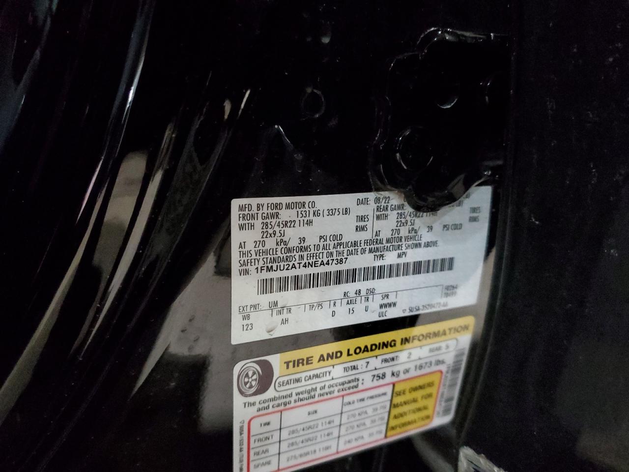 2022 Ford Expedition VIN 1FMJU2AT4NEA47387 Copart auction photo, rollover damage thumbnail 15
