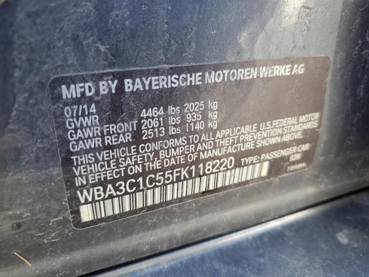 2015 BMW 3er VIN WBA3C1C55FK118220 Copart auction photo, front end damage thumbnail 12