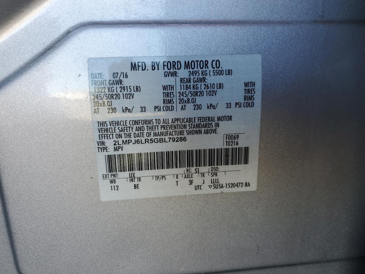 2016 Lincoln MKX VIN 2LMPJ6LR5GBL79286 Copart auction photo, front end / side damage thumbnail 15