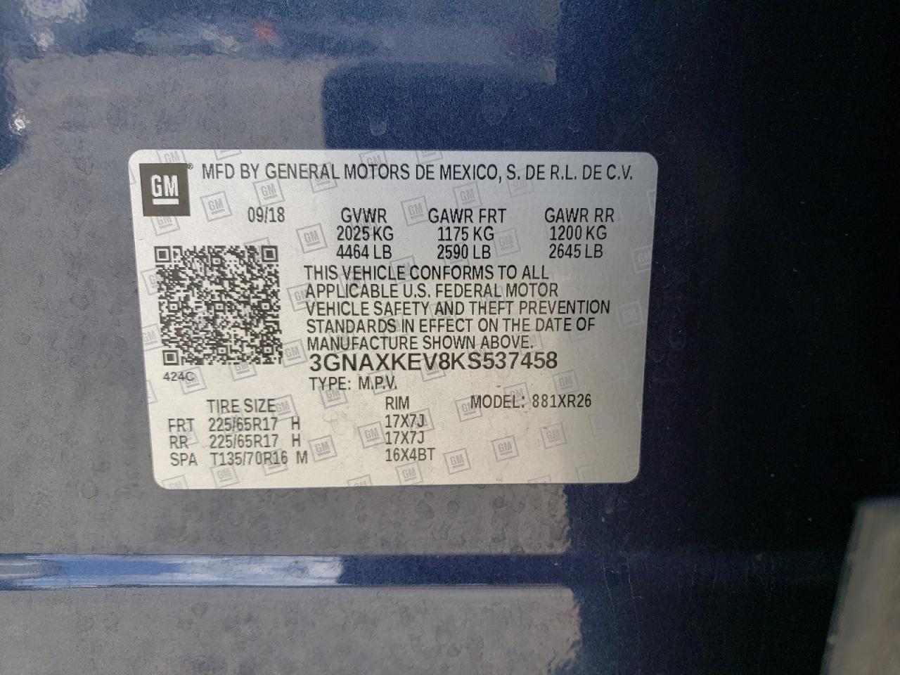 2019 Chevrolet Equinox VIN 3GNAXKEV8KS537458 Copart auction photo, rear end damage thumbnail 15