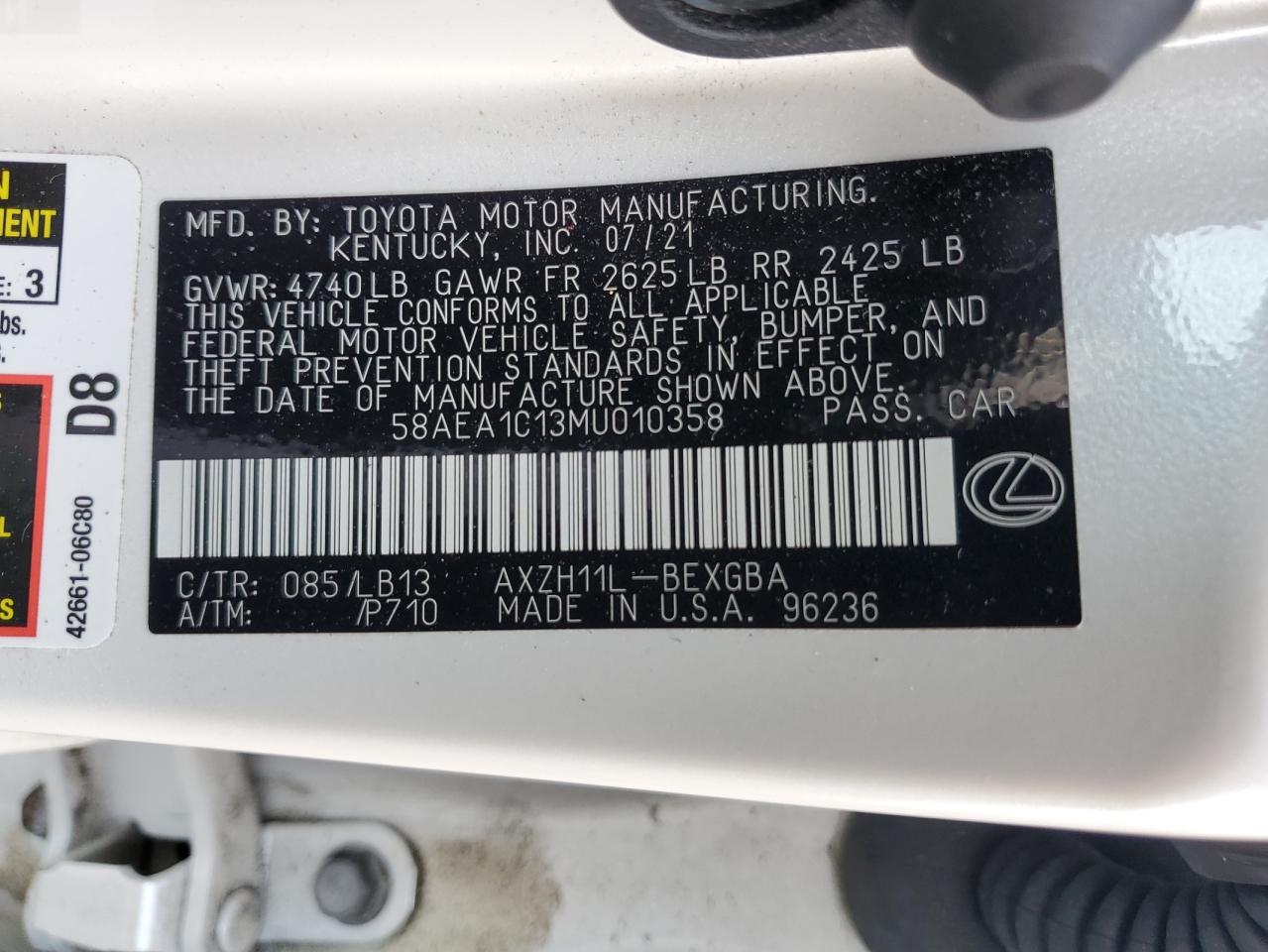 2021 Lexus ES VIN 58AEA1C13MU010358 Copart auction photo, side / minor dent/scratches damage thumbnail 12