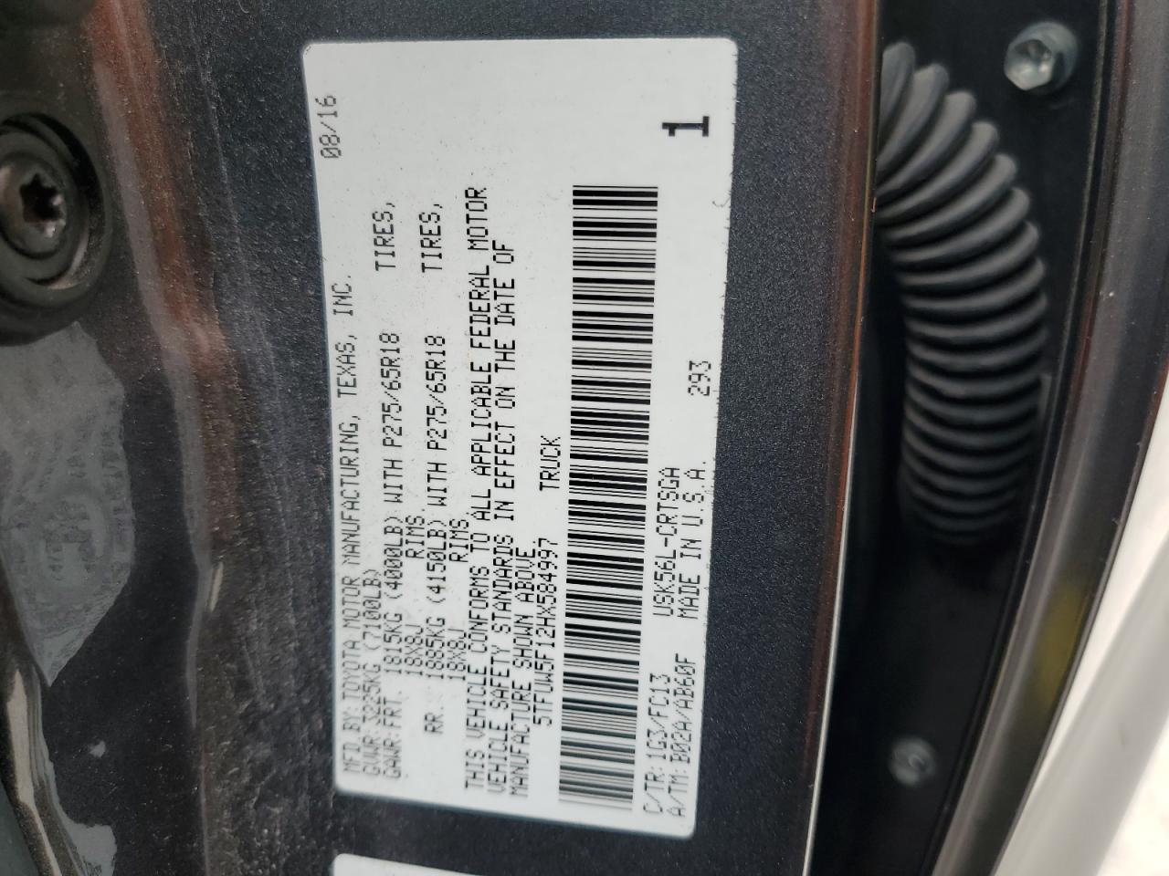 2017 Toyota Tundra VIN 5TFUW5F12HX584997 Copart auction photo, front end damage thumbnail 12