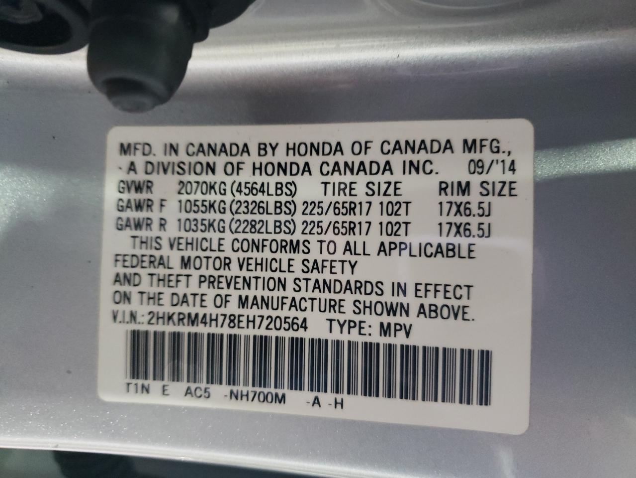 2014 Honda CR-V VIN 2HKRM4H78EH720564 Copart auction photo, front end damage thumbnail 16