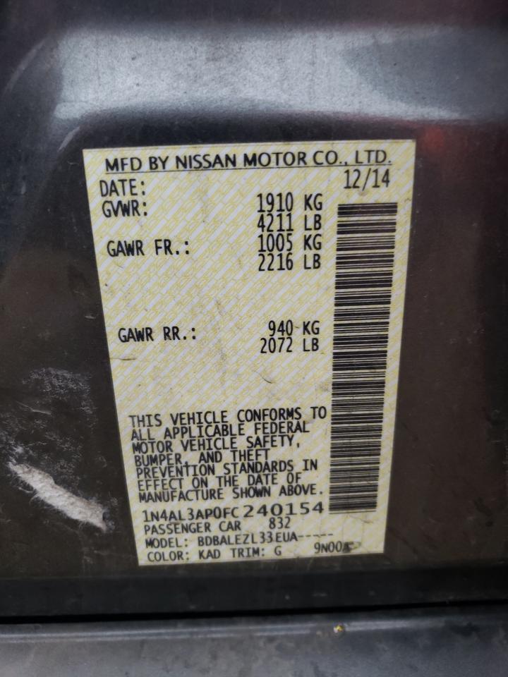 2015 Nissan Altima VIN 1N4AL3AP0FC240154 Copart auction photo, rear end damage thumbnail 12