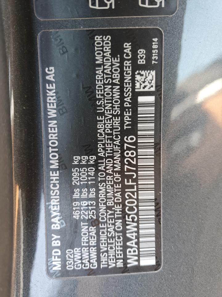 2020 BMW 4er VIN WBA4W5C02LFJ72876 Copart auction photo, front end / side damage thumbnail 12