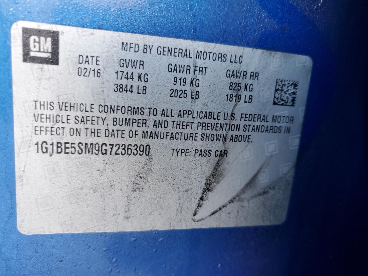 2016 Chevrolet Cruze VIN 1G1BE5SM9G7236390 Copart auction photo, side / rear end damage thumbnail 14