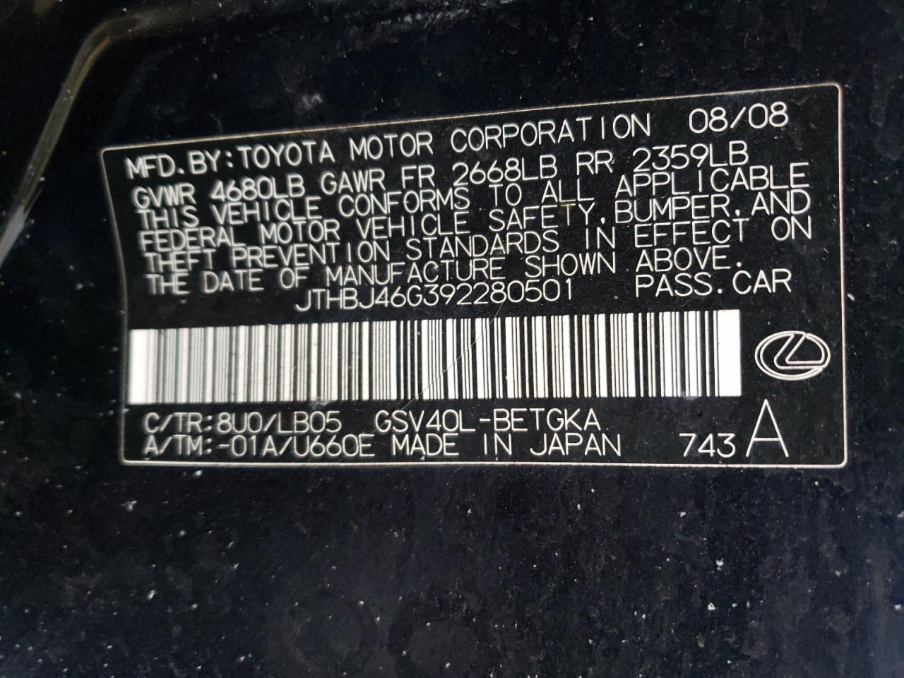 2009 Lexus ES VIN JTHBJ46G392280501 Copart auction photo, all over / minor dent/scratches damage thumbnail 12