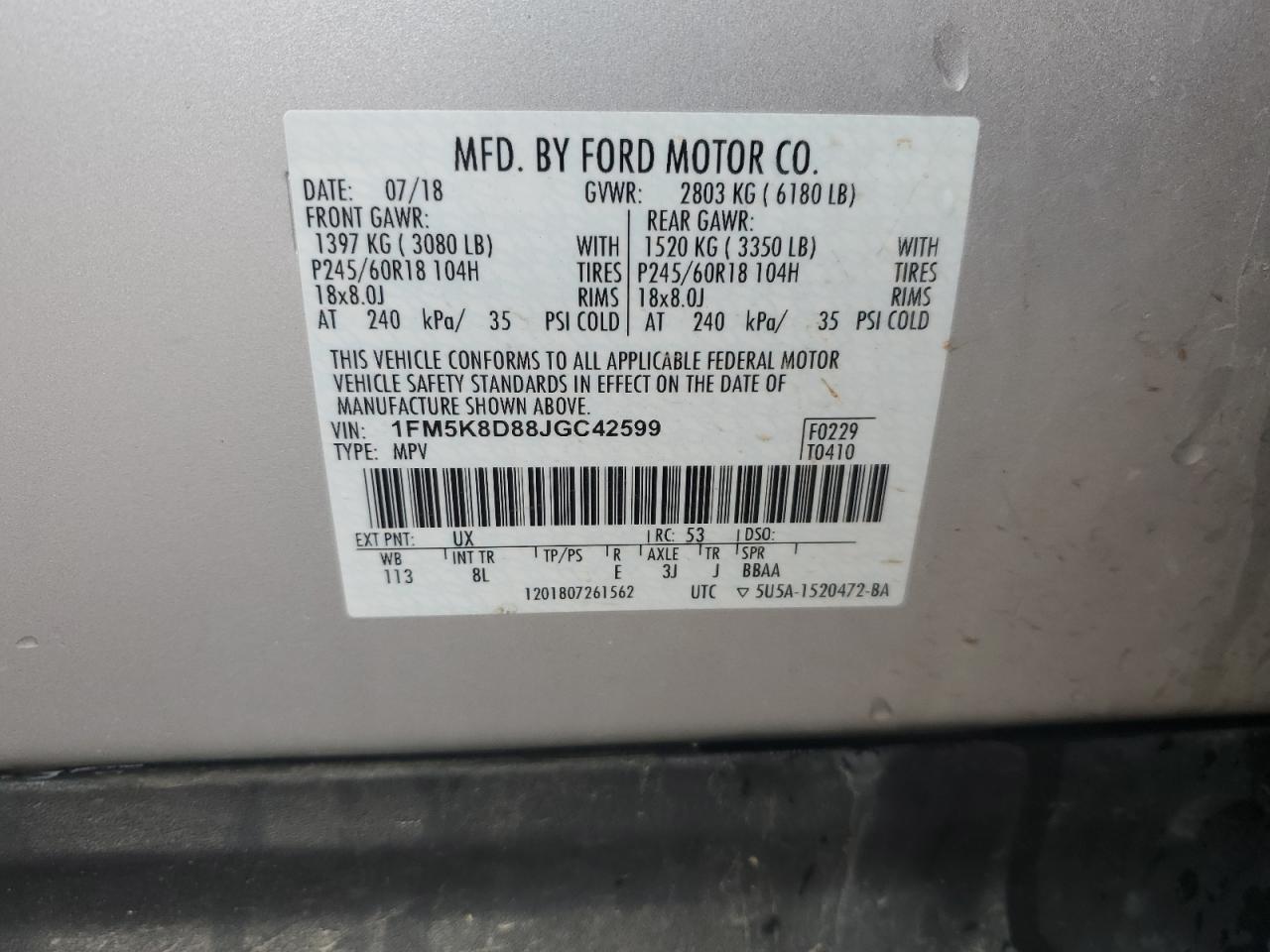 2018 Ford Explorer VIN 1FM5K8D88JGC42599 Copart auction photo, side / front end damage thumbnail 13