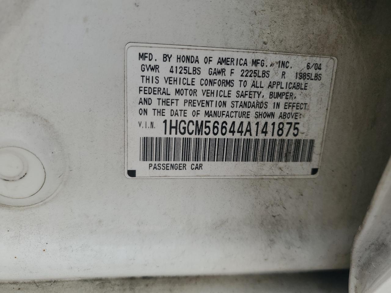 2004 Honda Accord VIN 1HGCM56644A141875 Copart auction photo, front end damage thumbnail 14