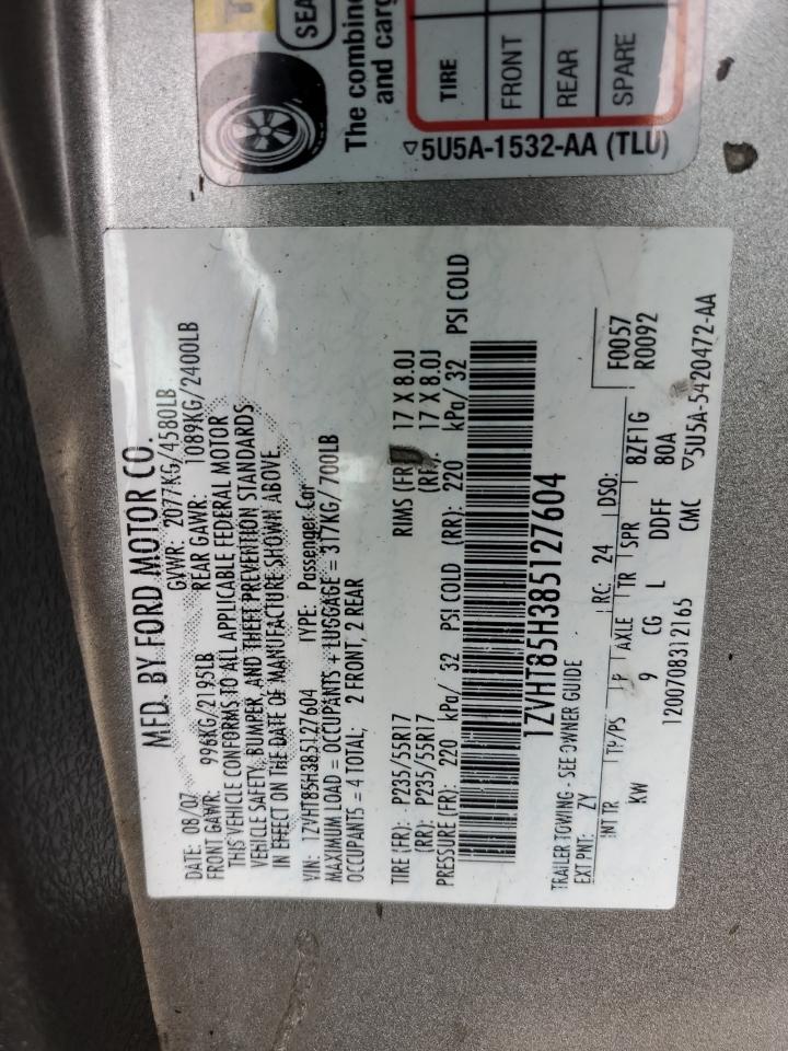 2008 Ford Mustang VIN 1ZVHT85H385127604 Copart auction photo, front end / side damage thumbnail 14
