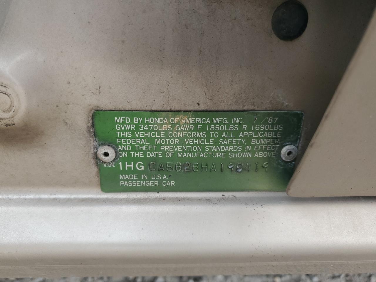 1987 Honda Accord VIN 1HGCA5626HA196419 Copart auction photo, normal wear / minor dent/scratches damage thumbnail 12
