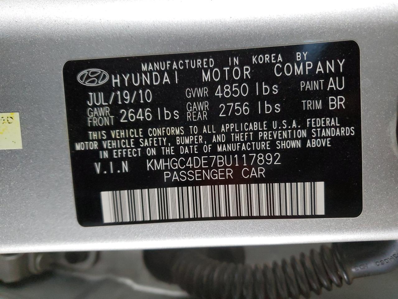 2011 Hyundai Genesis VIN KMHGC4DE7BU117892 Copart auction photo, side damage thumbnail 14
