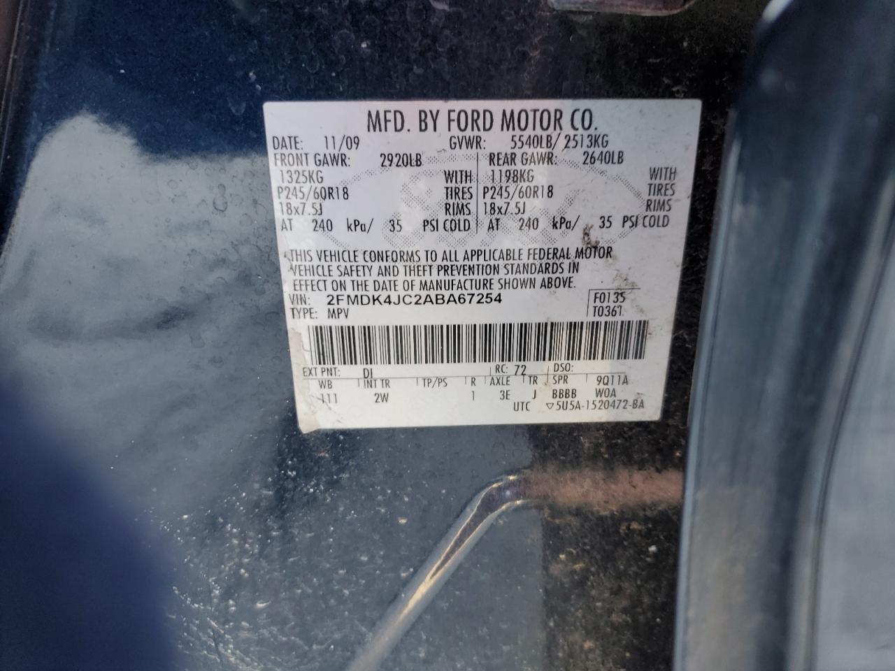 2010 Ford Edge VIN 2FMDK4JC2ABA67254 Copart auction photo, front end damage thumbnail 15