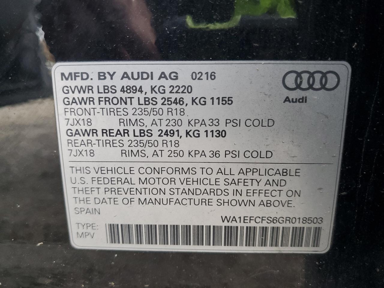 2016 Audi Q3 VIN WA1EFCFS6GR018503 Copart auction photo, all over damage thumbnail 12