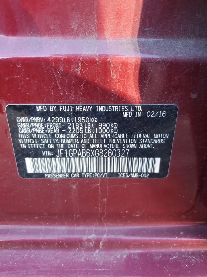 2016 Subaru Impreza VIN JF1GPAB6XG8260327 Copart auction photo, front end / minor dent/scratches damage thumbnail 12