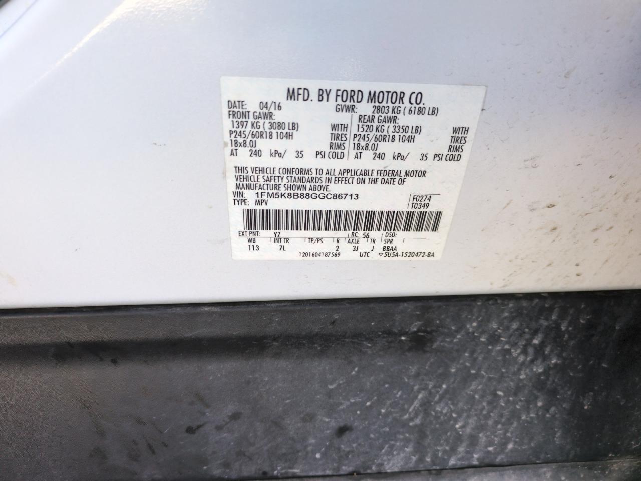 2016 Ford Explorer VIN 1FM5K8B88GGC86713 Copart auction photo, front end damage thumbnail 12