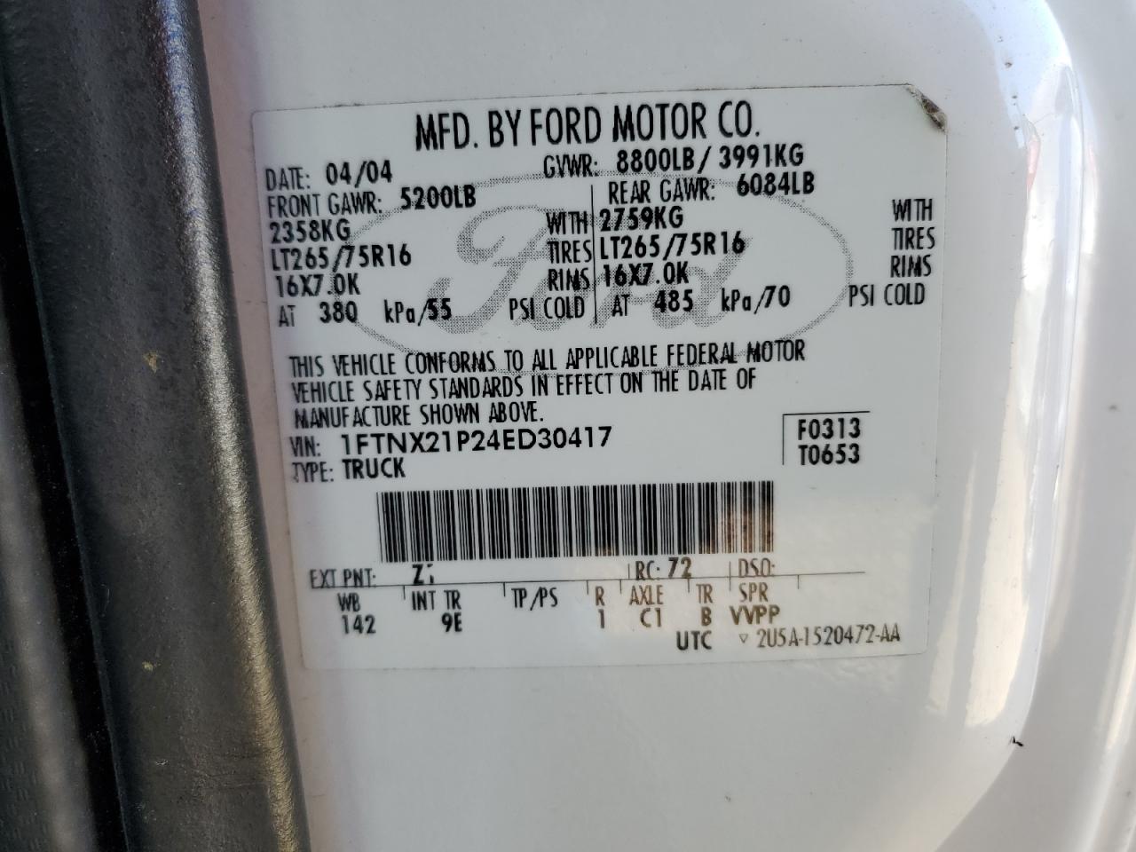 2004 Ford F250 VIN 1FTNX21P24ED30417 Copart auction photo, all over damage thumbnail 12