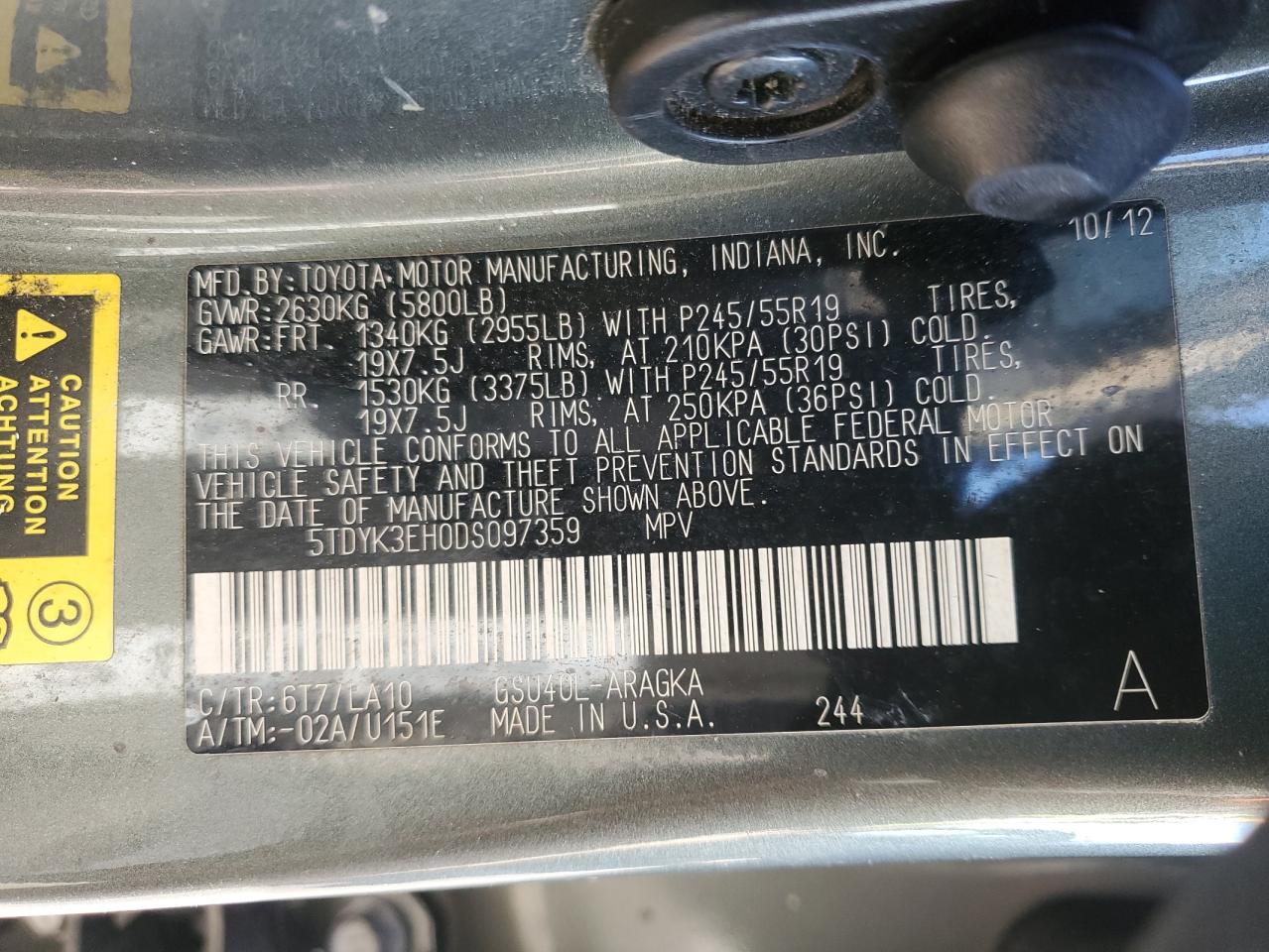 2013 Toyota Highlander VIN 5TDYK3EH0DS097359 Copart auction photo, side / rear end damage thumbnail 13