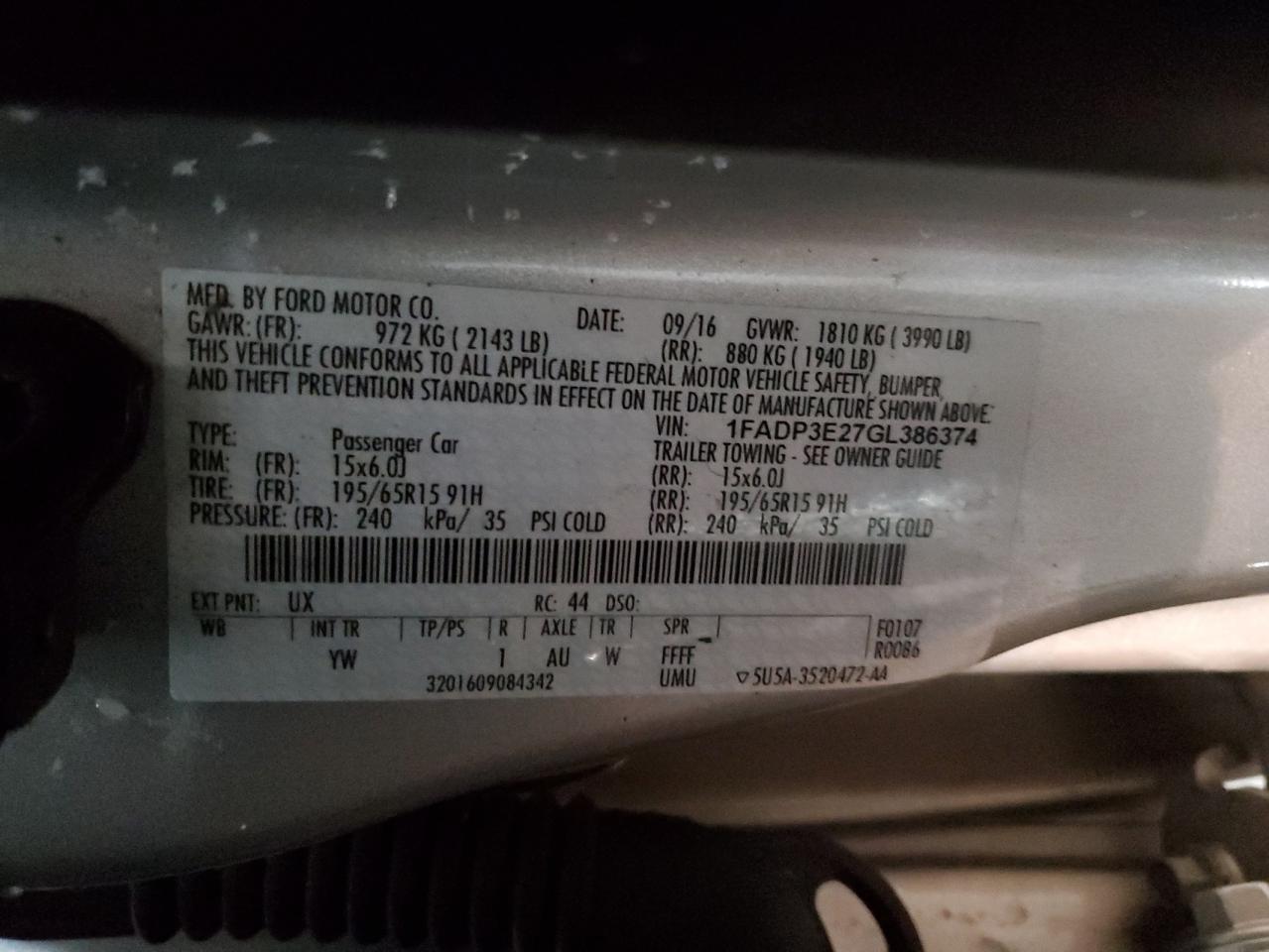 2016 Ford Focus VIN 1FADP3E27GL386374 Copart auction photo, front end damage thumbnail 14