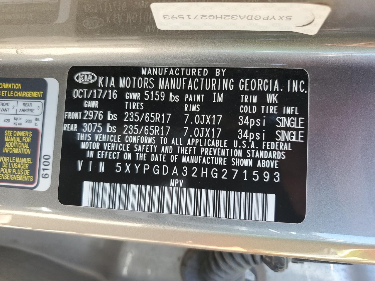 2017 KIA Sorento VIN 5XYPGDA32HG271593 Copart auction photo, side damage thumbnail 13
