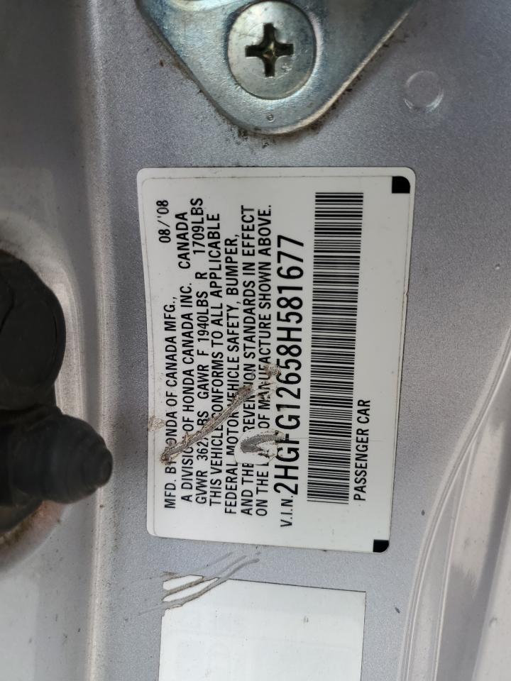 2008 Honda Civic VIN 2HGFG12658H581677 Copart auction photo, front end / side damage thumbnail 13