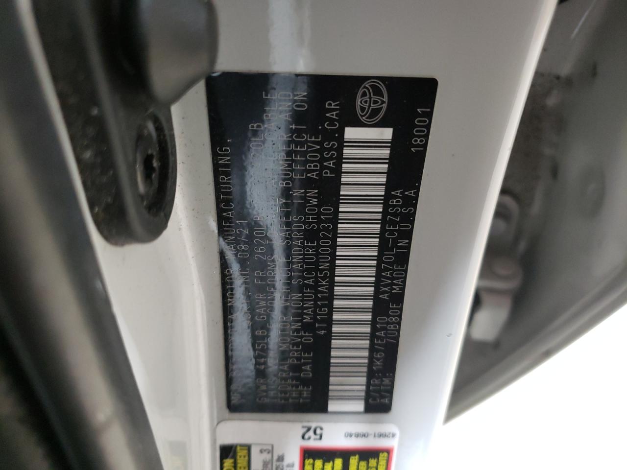 2022 Toyota Camry VIN 4T1G11AK5NU002310 Copart auction photo, front end damage thumbnail 12