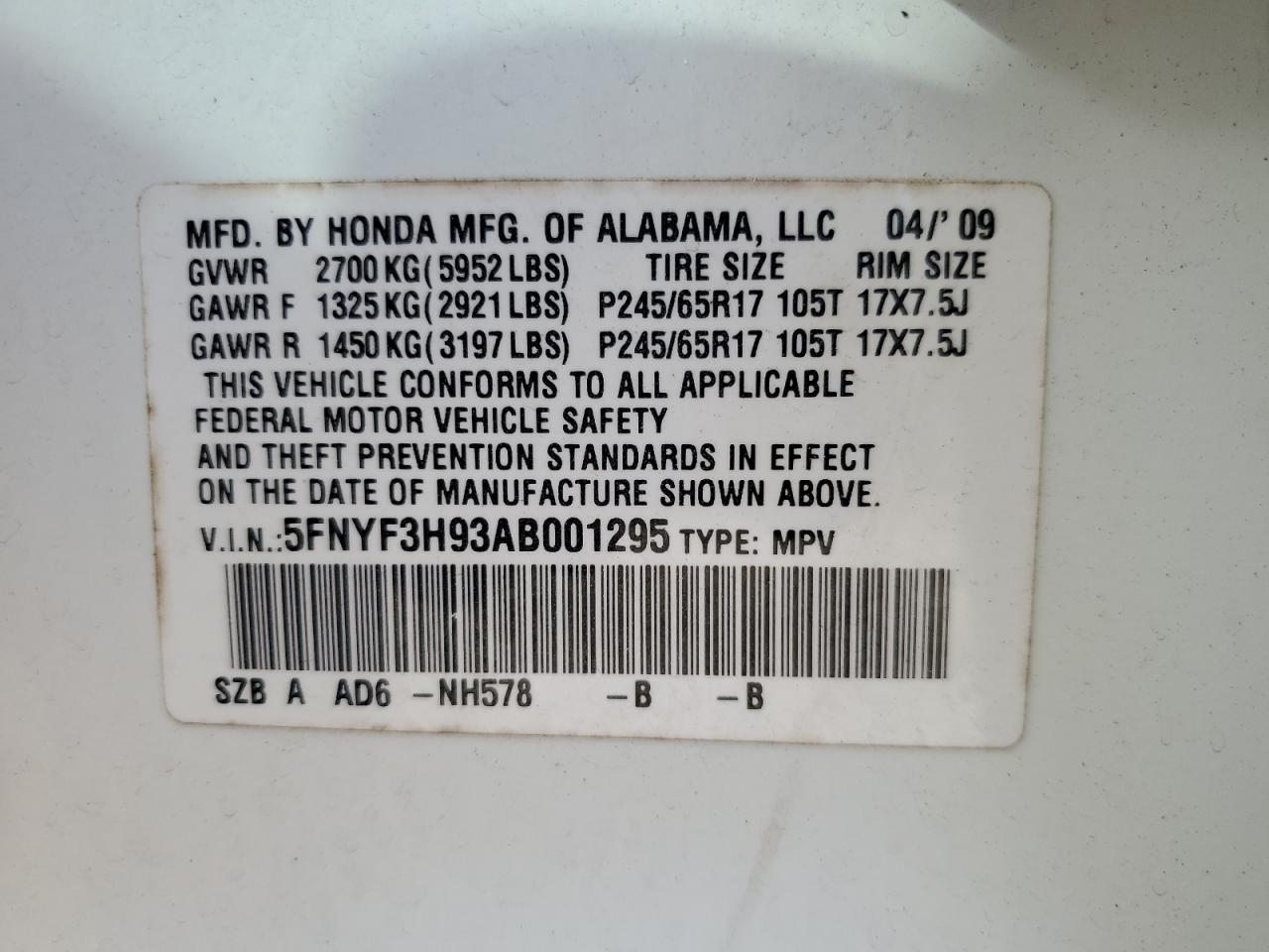 2010 Honda Pilot VIN 5FNYF3H93AB001295 Copart auction photo, front end damage thumbnail 13