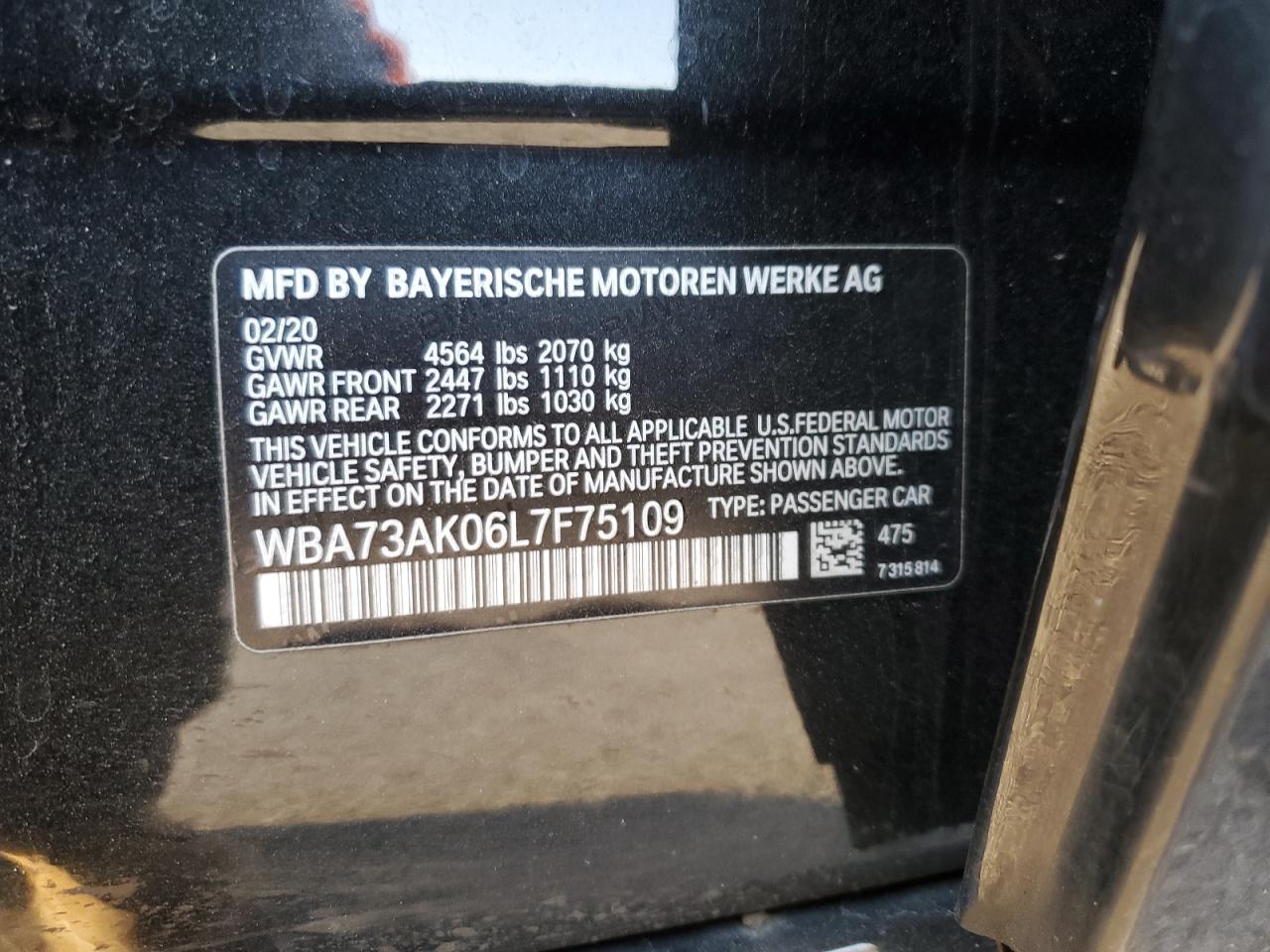 2020 BMW 2er VIN WBA73AK06L7F75109 Copart auction photo, rear end / minor dent/scratches damage thumbnail 14