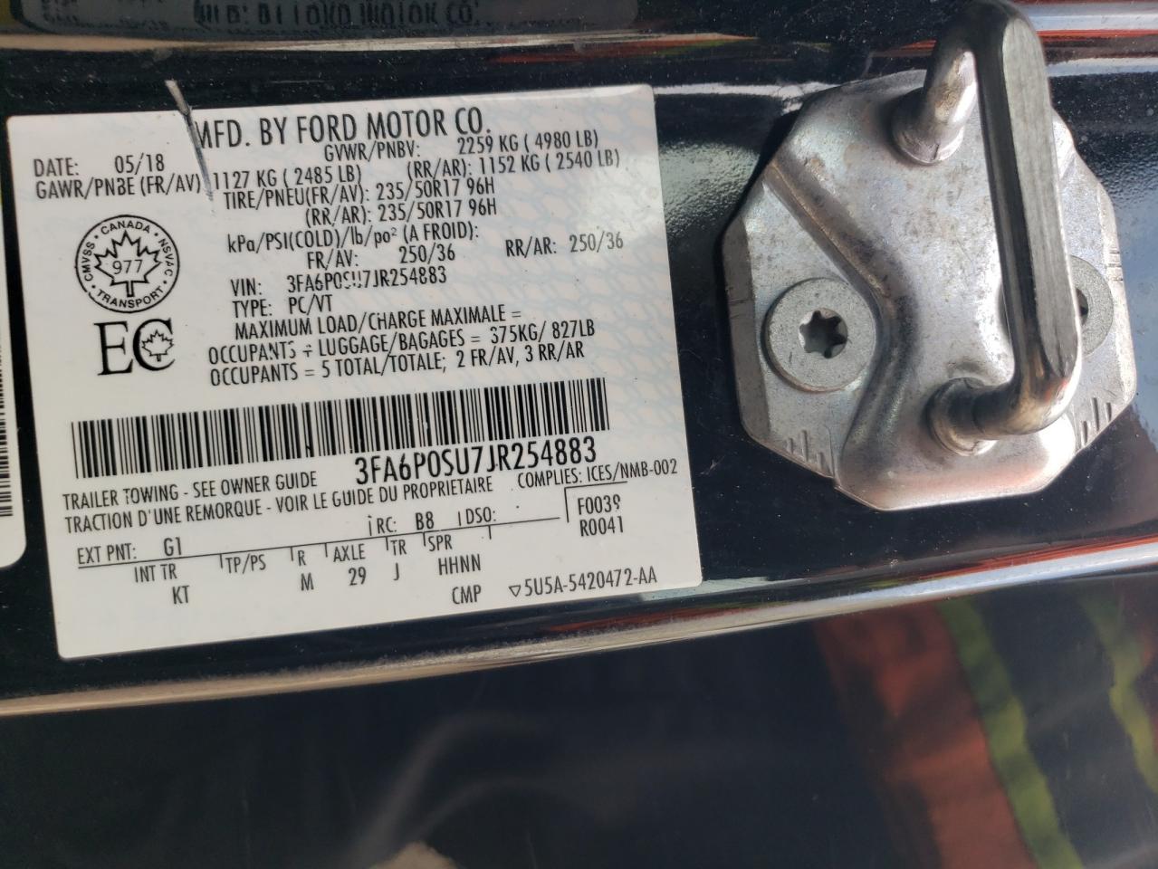 2018 Ford Fusion VIN 3FA6P0SU7JR254883 Copart auction photo, front end / side damage thumbnail 12