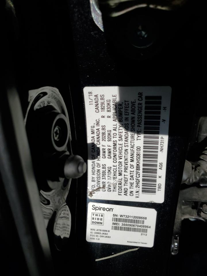 2019 Honda Civic VIN 2HGFC2F88KH508100 Copart auction photo, front end / minor dent/scratches damage thumbnail 14