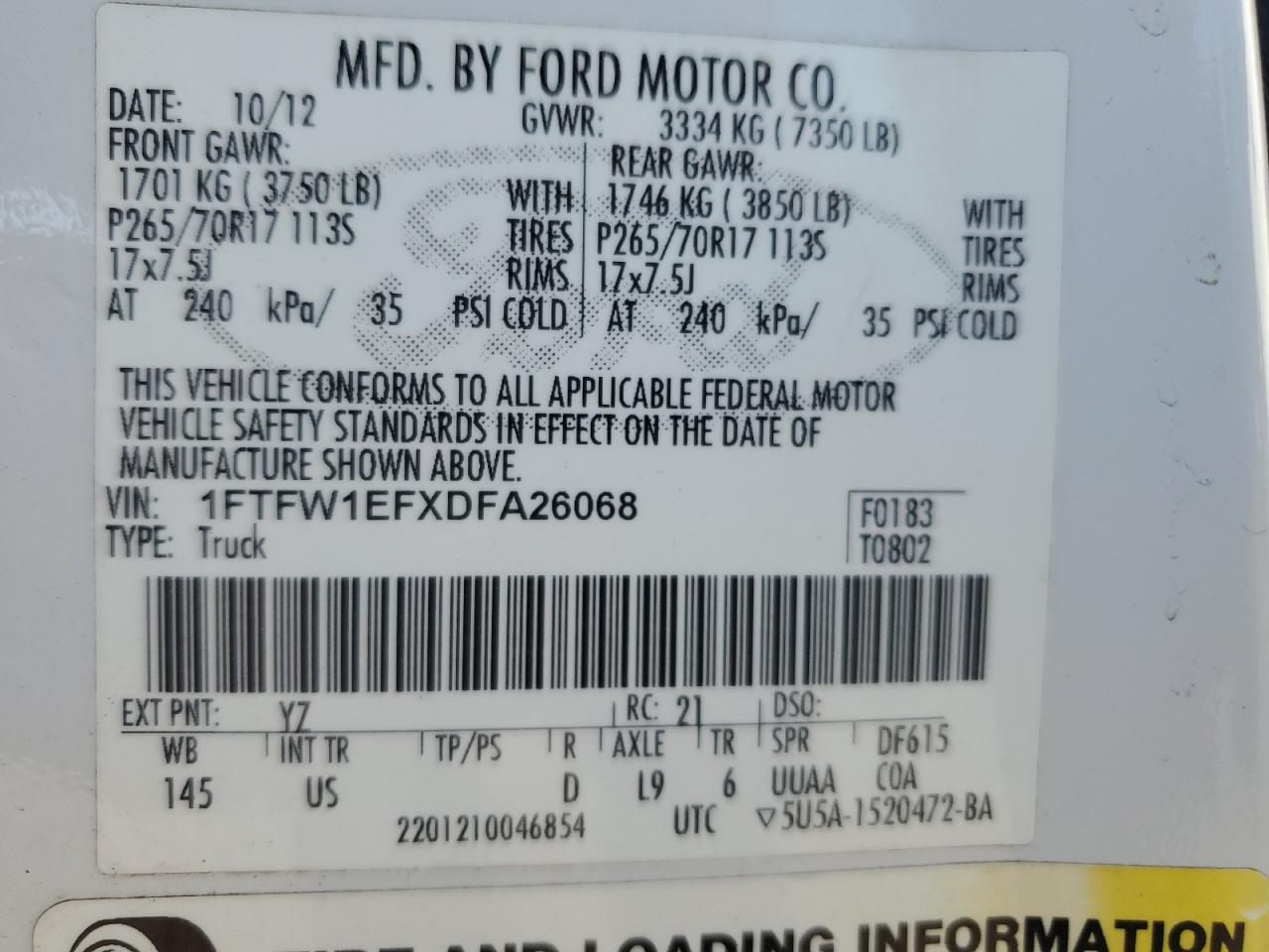 2013 Ford F-150 VIN 1FTFW1EFXDFA26068 Copart auction photo, rear end damage thumbnail 12