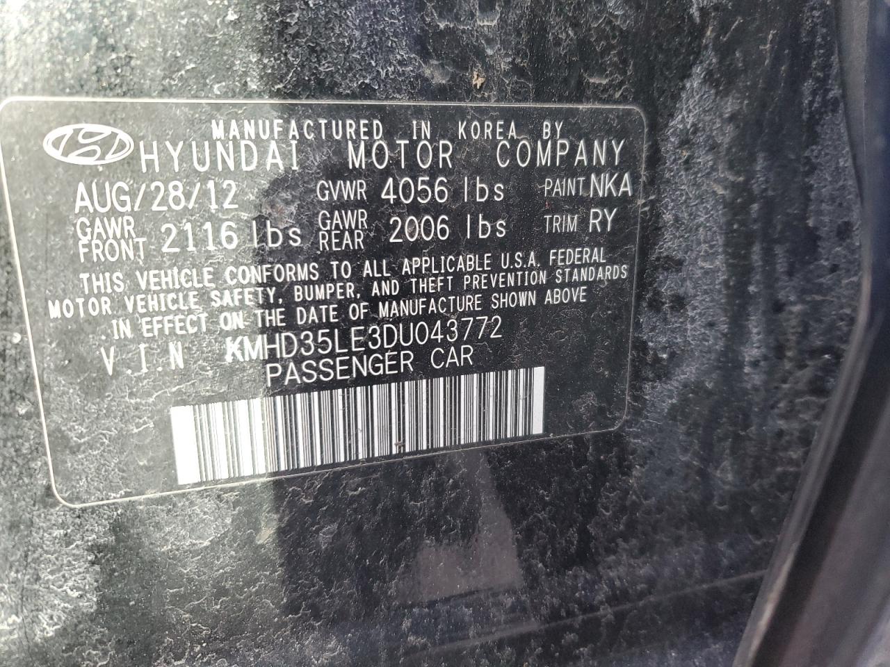 2013 Hyundai Elantra VIN KMHD35LE3DU043772 Copart auction photo, front end damage thumbnail 12